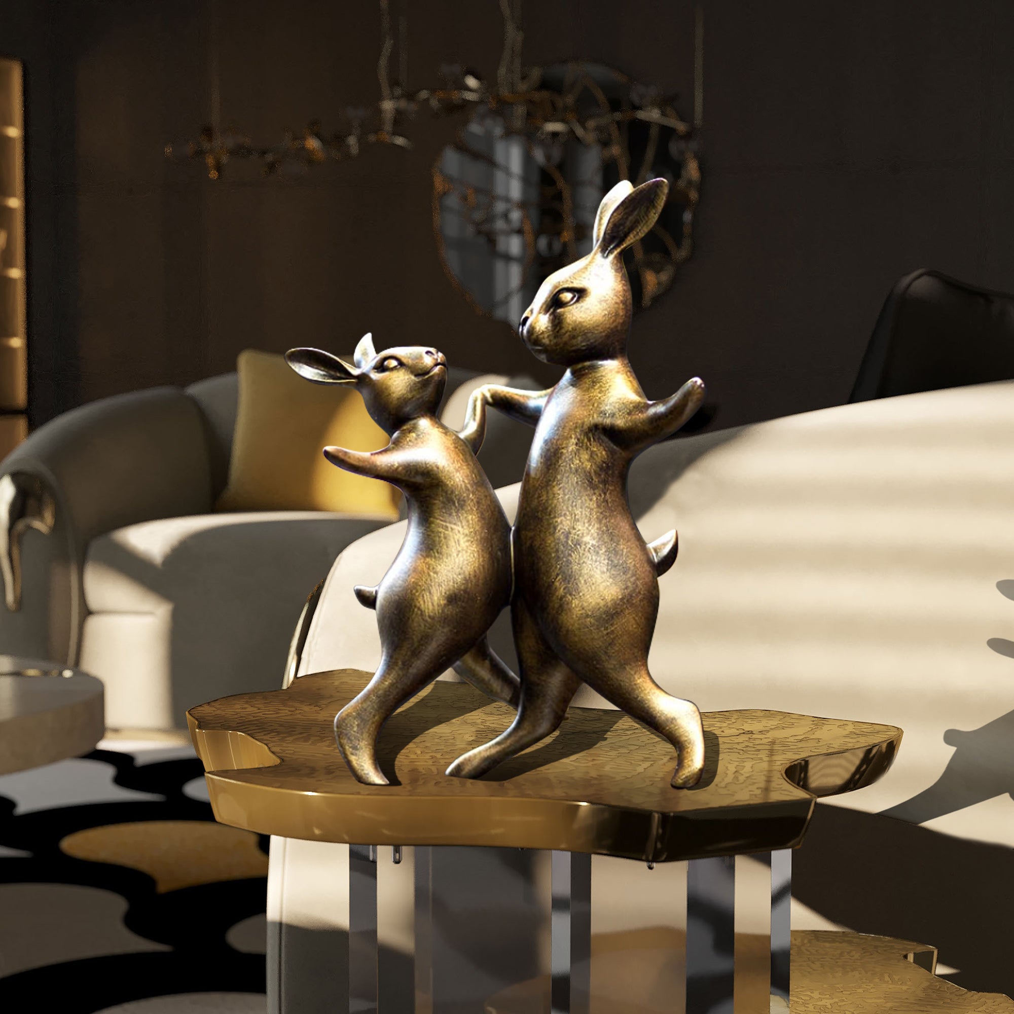 PREMIER Dancing Rabbits Sculpture Bronze Custom Table Top Sculpture PSTTB-001