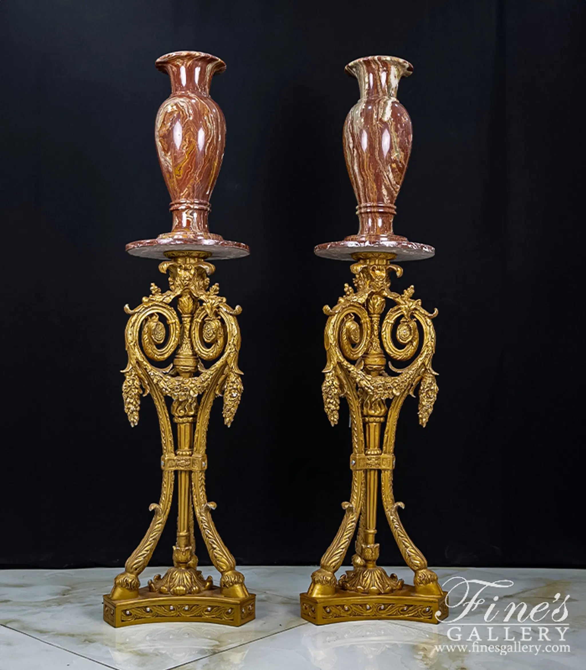 Rare Red Alabaster Decorative Vase with Gold Gilt Bronze Pedestal - Luxury Polished Natural Stone Urn