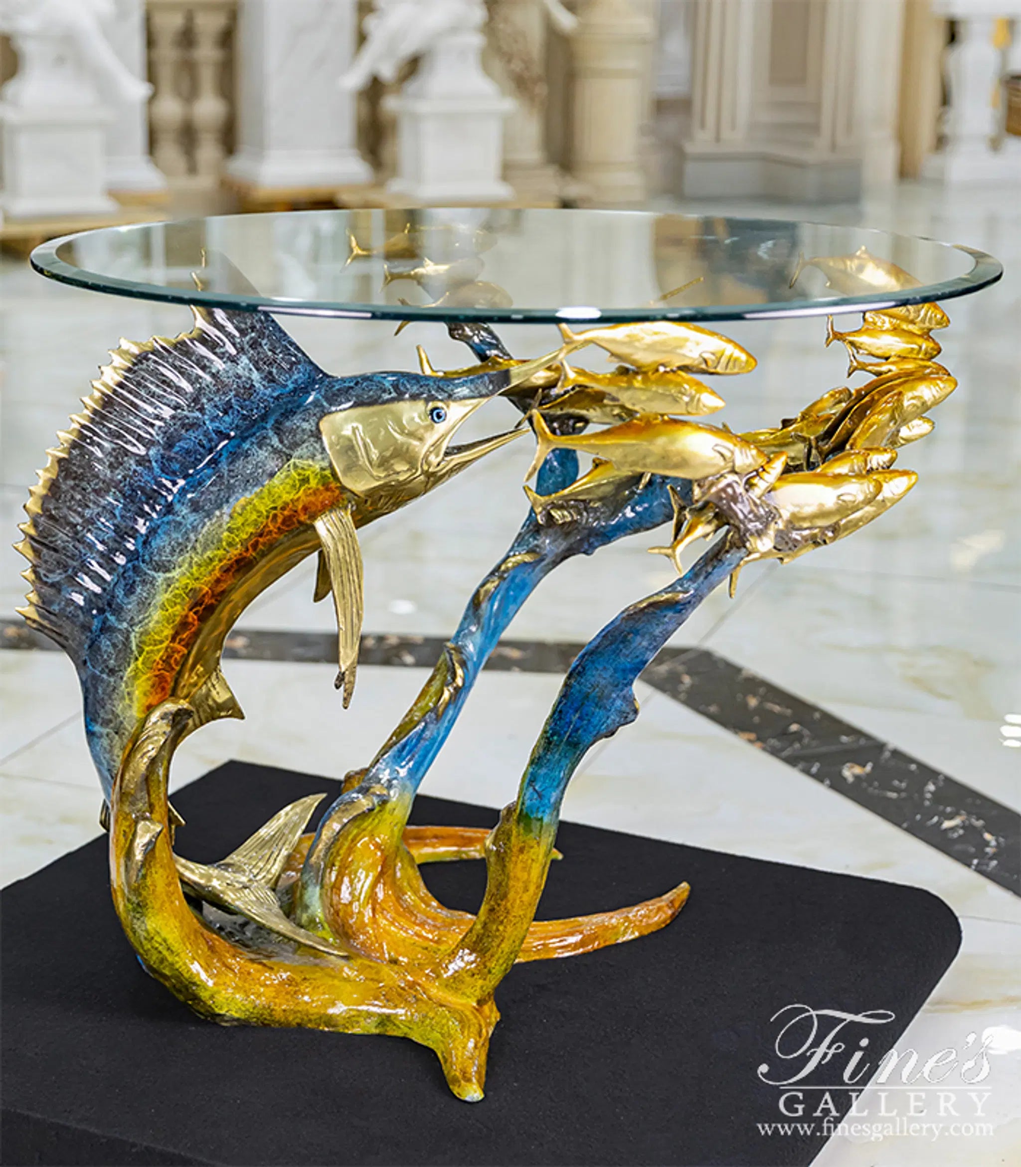 Sailfish with School of Fish Bronze Table Base - Coastal Enameled Sculpture for Indoor/Outdoor Dining - 36"W×29"H×31"D