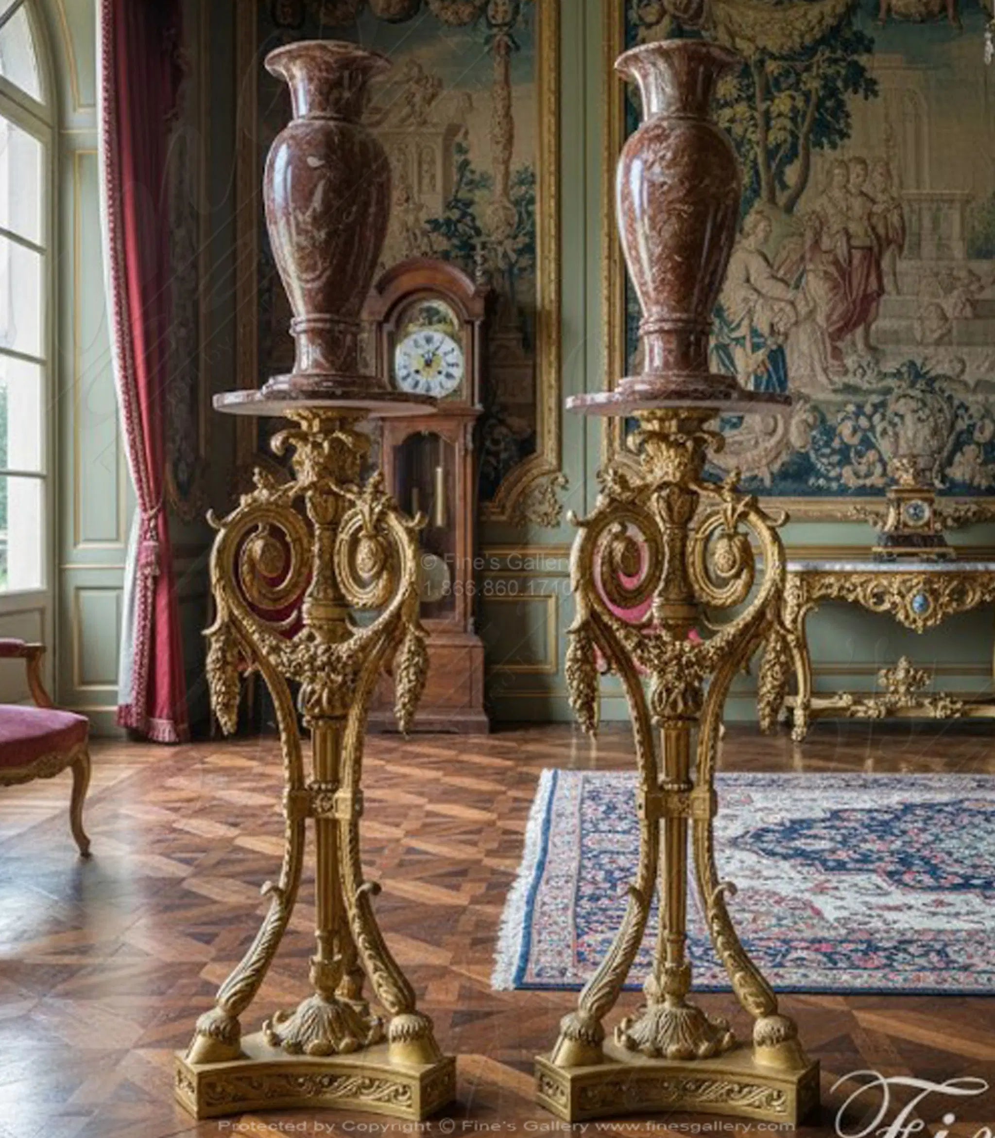 Rare Red Alabaster Decorative Vase with Gold Gilt Bronze Pedestal - Luxury Polished Natural Stone Urn
